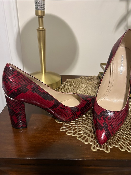 Marc Fisher Shoes - Marc Fisher Red and Black Snake-Print Block Heel Pumps